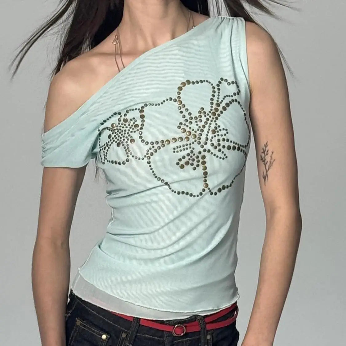 Summer Sexy Slash Neck Pleated Gauze Tshirts Women Y2k Aesthetic Rivet Flower Grunge Tops Harajuku Vintage Fairy Bodycon Tees