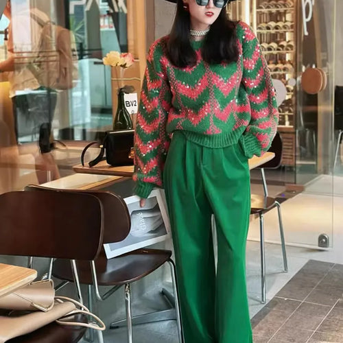 Load image into Gallery viewer, Women Vintage Green Sequins Short Pullover Sweater Fashion Spring Casual Elegant Chic Long Sleeve O Neck Club Party Top C-245
