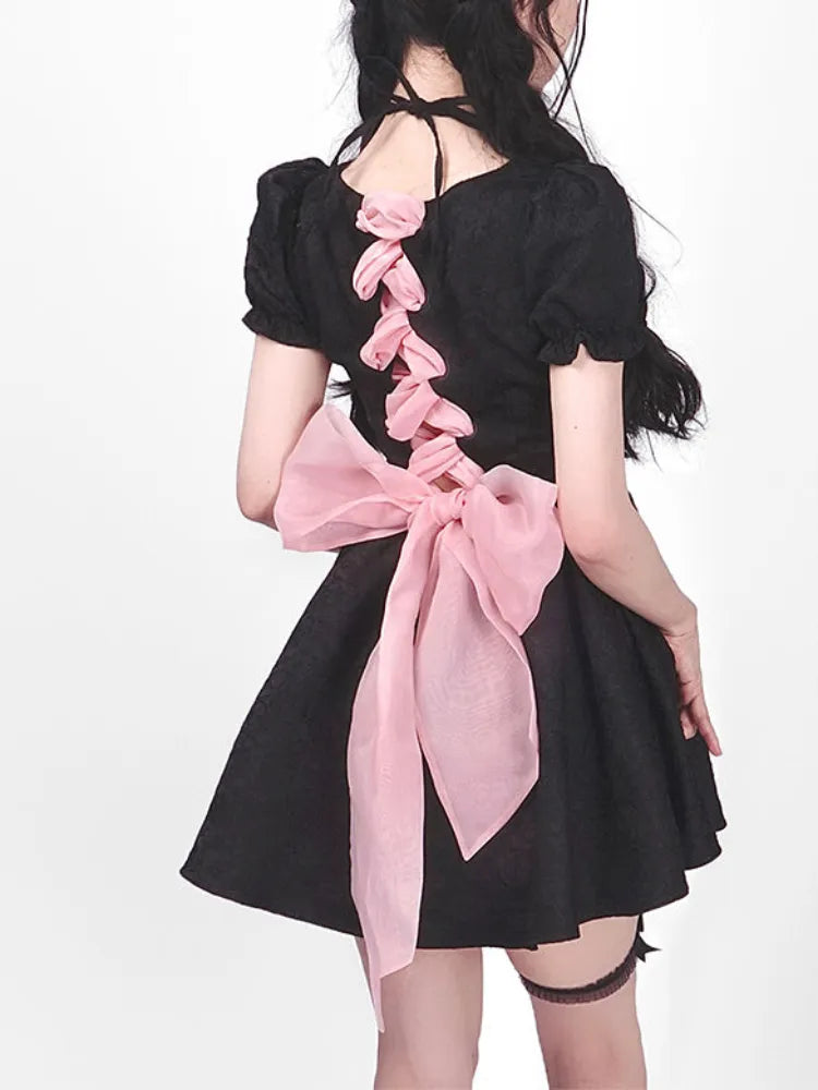 Y2k Gothic Harajuku Bandage Dress Women Sweet Girl Goth Kawaii Cute Lolita Puff Sleeve Black Short Dresses