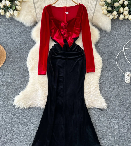 Retro 2024 Autumn Winter Women's Black Red Velvet Patchwork Slim Evening Party Dresses French Elegant Long Sleeved Pleated Dress