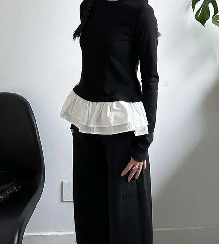 Women Black Ruffles Hem Color-block Slim Elegant T-shirt New Round Neck Long Sleeve Fashion Spring Autumn 2025 1DJ0095