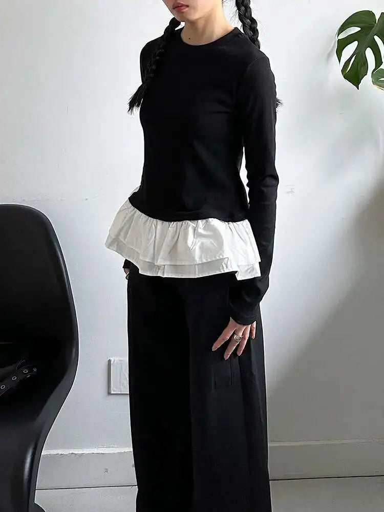 Women Black Ruffles Hem Color-block Slim Elegant T-shirt New Round Neck Long Sleeve Fashion Spring Autumn 2025 1DJ0095