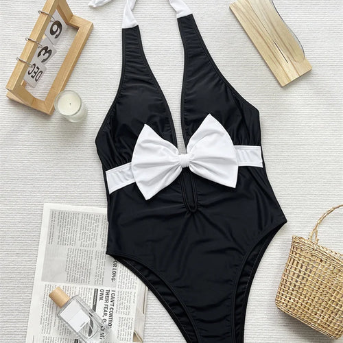 Load image into Gallery viewer, Patchwork Halter One Piece Swimsuit 2024 High Cut Swimwear for Women Sexy Bow Tie Bathing Suit Bandage Monokini
