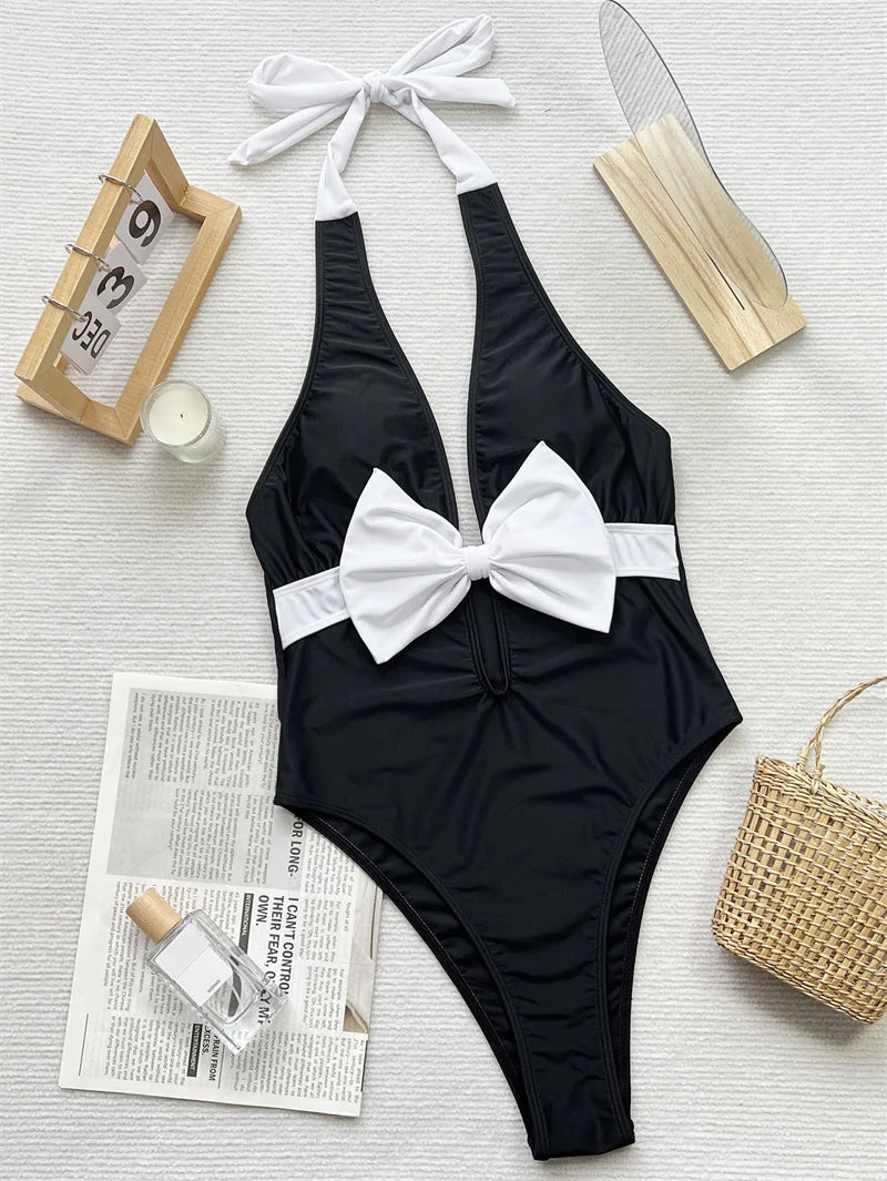 Patchwork Halter One Piece Swimsuit 2024 High Cut Swimwear for Women Sexy Bow Tie Bathing Suit Bandage Monokini