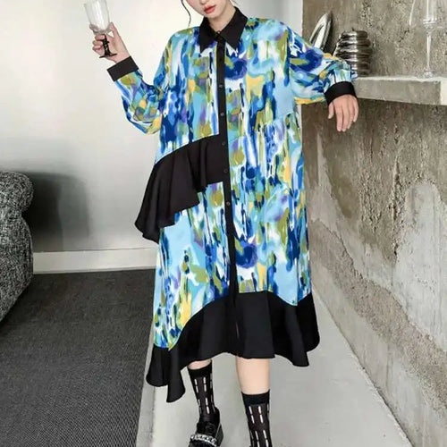 Load image into Gallery viewer, Women Green Pattern Printed Irregular Big Size Shirt Dress New Lapel Long Sleeve Fashion Tide Spring Autumn 2025 1DH4829
