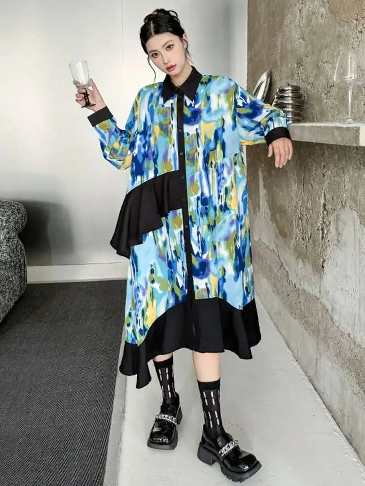 Women Green Pattern Printed Irregular Big Size Shirt Dress New Lapel Long Sleeve Fashion Tide Spring Autumn 2025 1DH4829