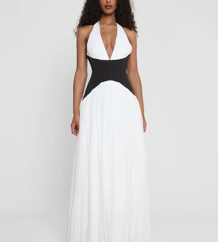 Halter Deep V Neck Backless Sexy Maxi Dress Women Gown Fashion Patchwork Sleeveless High Waist Club Party Long Dress