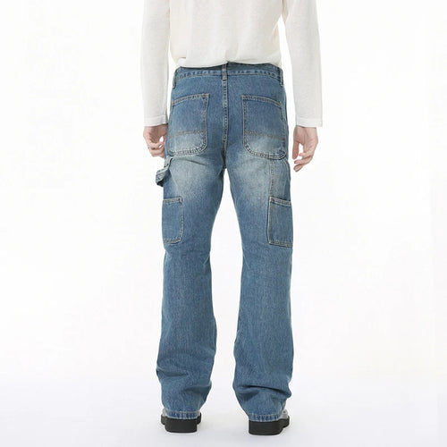 Load image into Gallery viewer, Korean Style Men's Denim Trousers Solid Color Menswear Patchwork Worn-out Mill White Straight Wide Leg Male Jeans 9W1264
