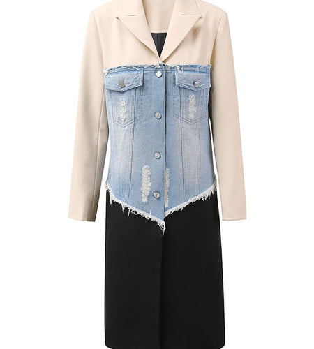 Women Beige Denim Color-block Long Elegant Blazer New Lapel Long Sleeve Jacket Fashion Tide Spring Autumn 2025 CPDB132