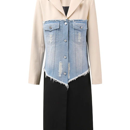 Load image into Gallery viewer, Women Beige Denim Color-block Long Elegant Blazer New Lapel Long Sleeve Jacket Fashion Tide Spring Autumn 2025 CPDB132

