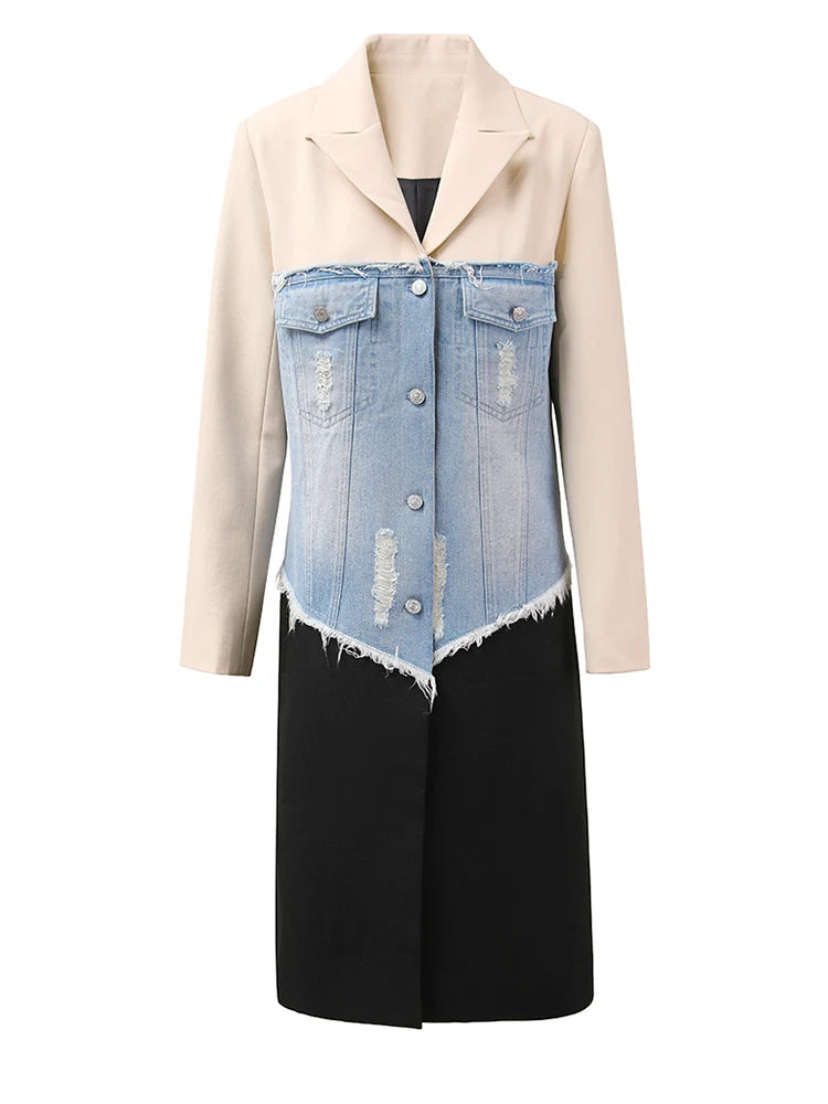 Women Beige Denim Color-block Long Elegant Blazer New Lapel Long Sleeve Jacket Fashion Tide Spring Autumn 2025 CPDB132