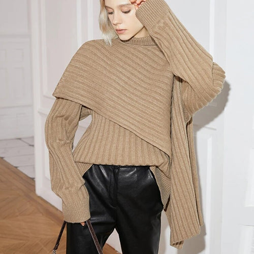 Load image into Gallery viewer, Asymmetrical Hem Sweater For Women Turtleneck Long Sleeve Patchwork Solid Minimalist Sweaters Female Winter Clothes
