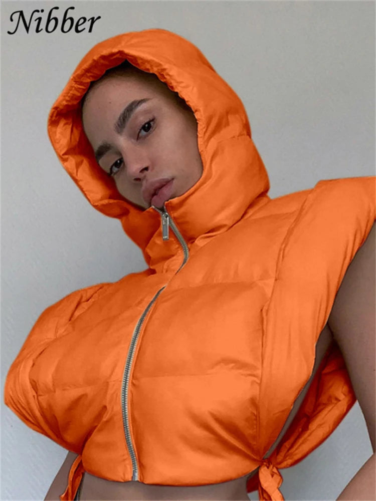 Solid Color Hooded Bread Jacket Sleeveless Vest Coat Cotton Fashion Casual Street Style For Women Daily Outing Wear