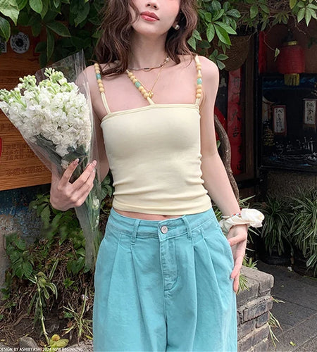y2k Camisole 2000s Women Summer Solid Color Spaghetti Strap Sleeveless T Shirt Vest with Beading Decor Sexy Streetwear
