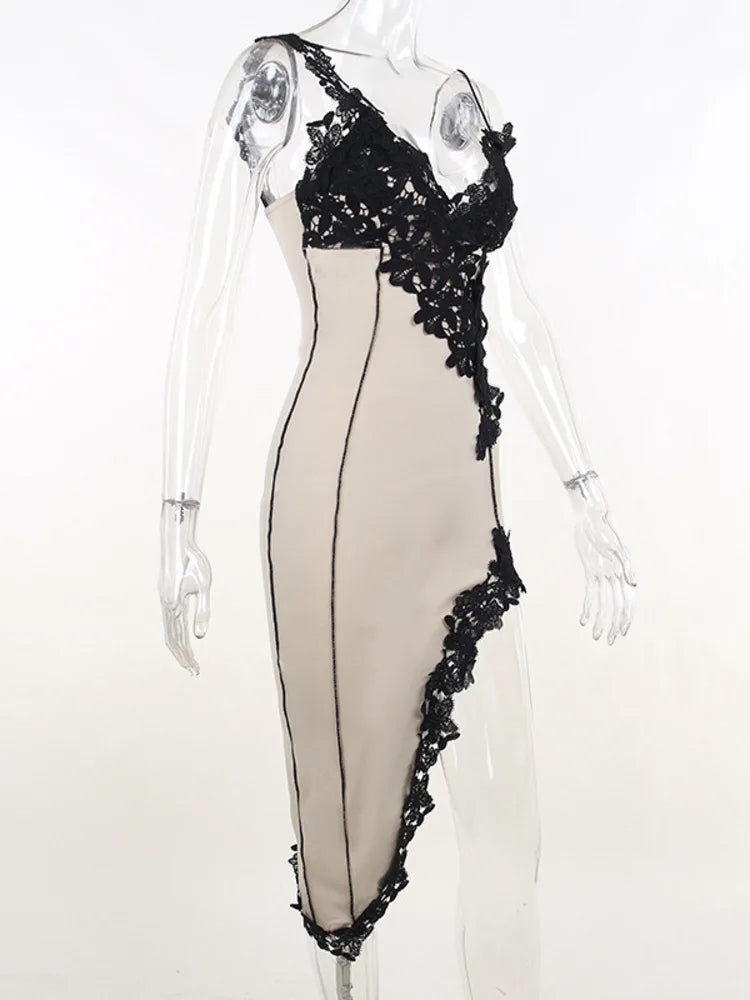 Lace High Split Sexy Midi Dress For Women Robe 2023 New Spaghetti Strap Sleeveless Deep V Neck Party Long Dress Vestido