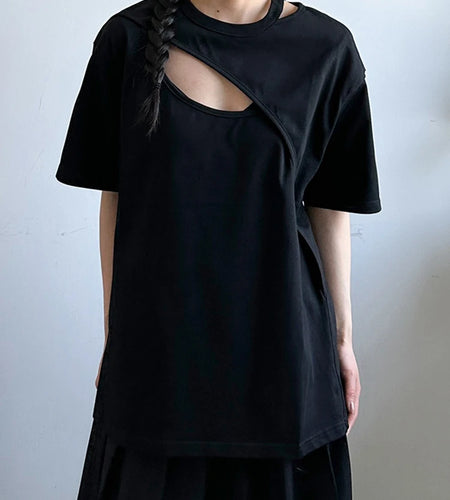 Women White Black Hollow Out Big Size Casual T-shirt New Round Neck Short Sleeve Fashion Tide Spring Summer 2025 1DJ1237