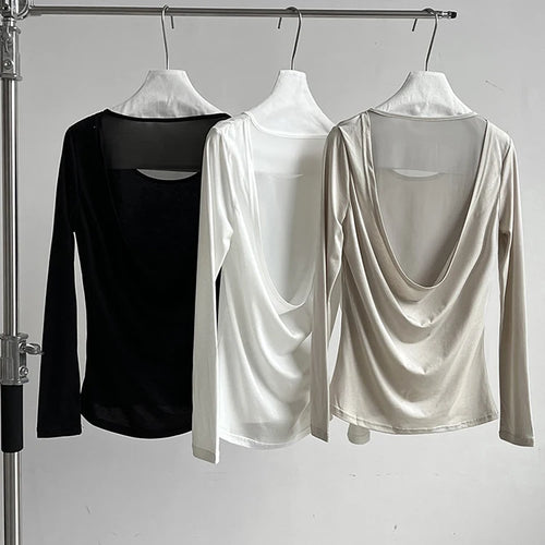 Load image into Gallery viewer, Women Gray Back Perspective Pleated Elegant Slim T-shirt New Round Neck Long Sleeve Fashion Spring Autumn 2025 1DJ0819
