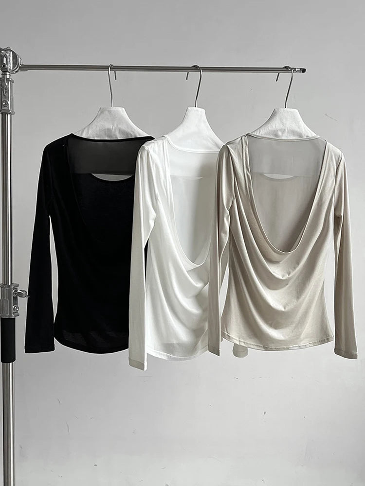 Women Gray Back Perspective Pleated Elegant Slim T-shirt New Round Neck Long Sleeve Fashion Spring Autumn 2025 1DJ0819