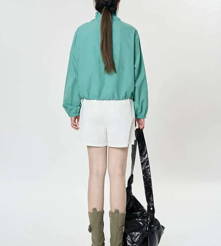 Green Drawstring Big Size Short Jacket New Stand Collar Long Sleeve Women Coat Fashion Tide Spring Autumn 2025 1DH9497