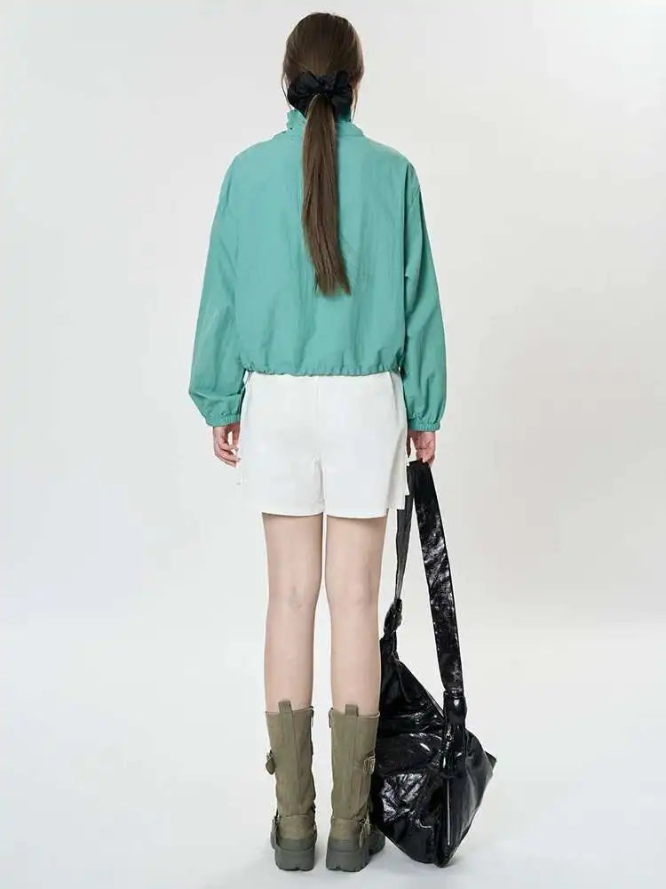 Green Drawstring Big Size Short Jacket New Stand Collar Long Sleeve Women Coat Fashion Tide Spring Autumn 2025 1DH9497