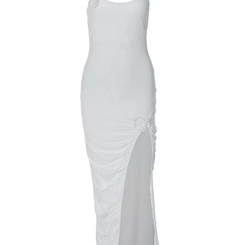 Load image into Gallery viewer, Sexy Spaghetti Strap Solid 3D Flower Dress For Women High Split Bodycon Pleated Dress Female Party Evening Dress Autumn
