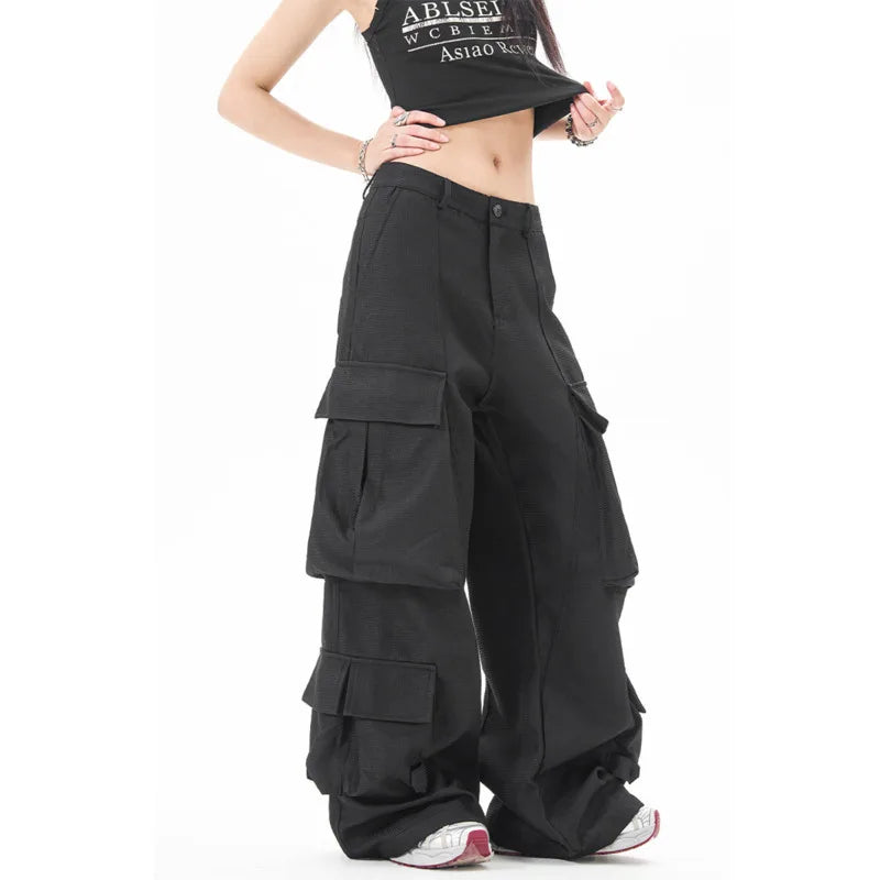 Chic Men's Cargo Pants American Style Multi Pockets Straight Leg Solid Color High Street Male Bottoms Summer 9W1918