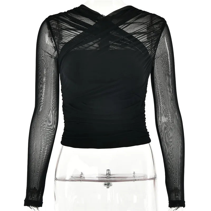 Sheer Mesh Long Sleeve Sexy T-shirt Women 2023 Autumn New V Neck Zipper Layered Skinny Club Party Sexy Tops