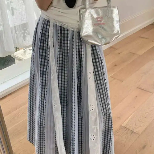 Load image into Gallery viewer, High Elastic Waist Blue Plaid Lace Color-block A-line Half-body Skirt Women Fashion Tide New Spring Autumn 2025 1DJ0356
