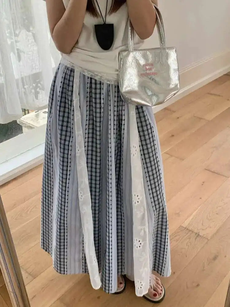 High Elastic Waist Blue Plaid Lace Color-block A-line Half-body Skirt Women Fashion Tide New Spring Autumn 2025 1DJ0356