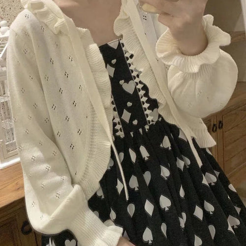 Load image into Gallery viewer, Japanese Kawaii Lolita Cardigan Women Vintage Lantern Sleeve Thin Ruffle Sweater Coat Knitted Kardigany Girls Cute Tops
