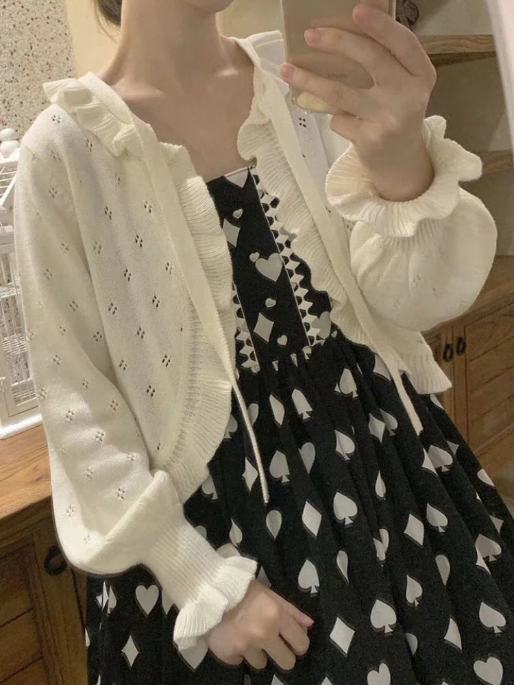 Japanese Kawaii Lolita Cardigan Women Vintage Lantern Sleeve Thin Ruffle Sweater Coat Knitted Kardigany Girls Cute Tops