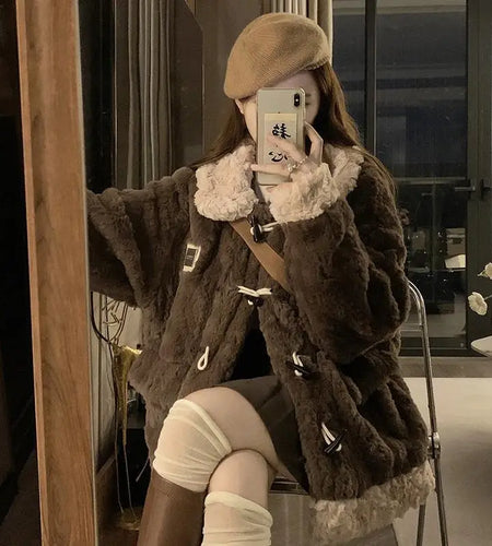 Autumn Winter Clothing 2024 Vintage Lamb Wool Coat for Women Oversized Tops Fashion Korean Outwear Casual Furry Thicked Jackets
