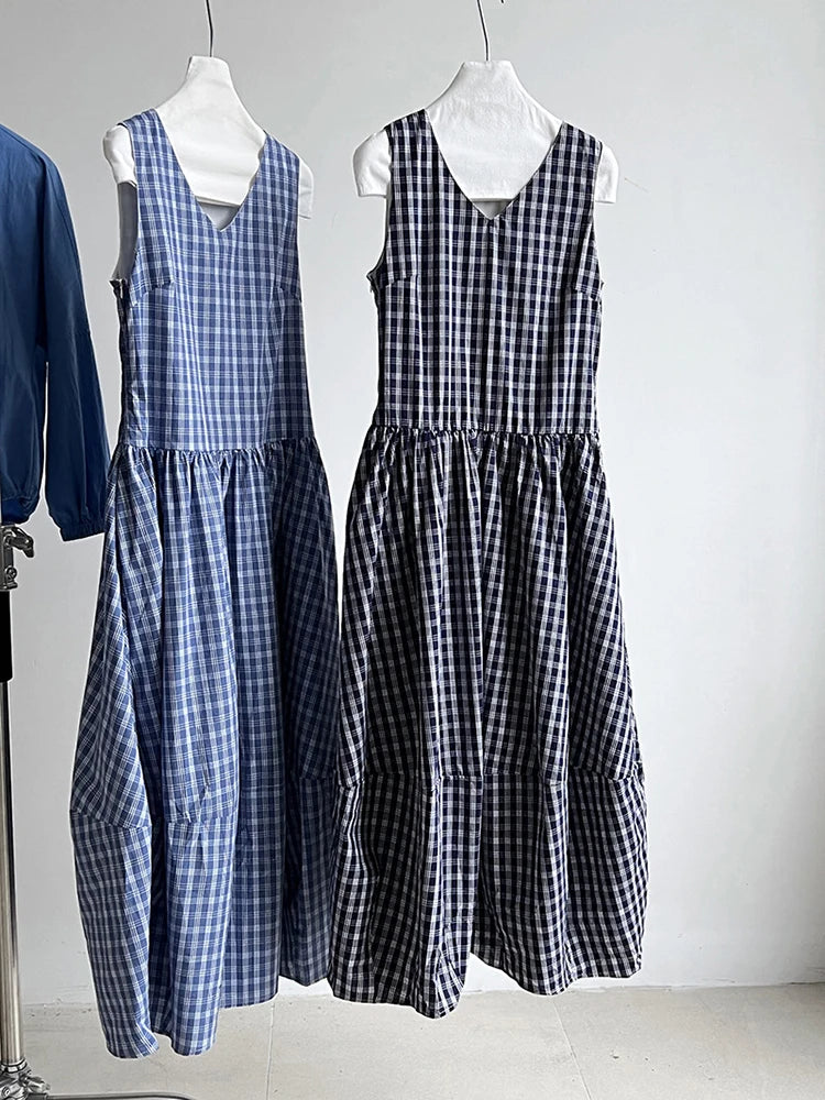 Women Dark Blue Plaid Pocket Vintage Long Elegant Vest Dress New V-Neck Sleeveless Fashion Tide Spring Summer 2025 1DJ0667