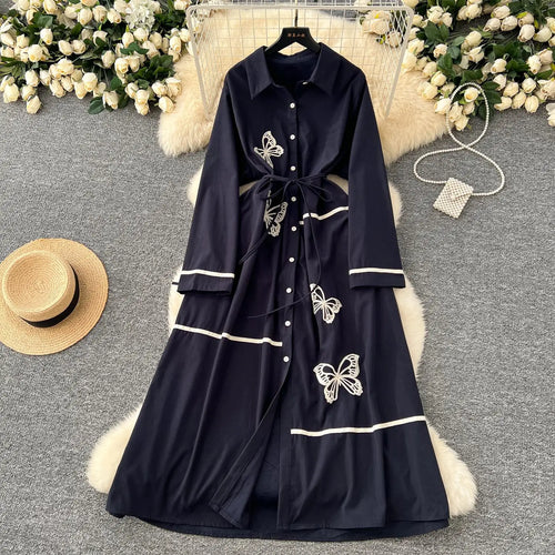 Load image into Gallery viewer, French Women Butterfly Embroidery Elegant Lace-up Shirt Long Dress 2025 Autumn New Retro Long Sleeved Button Holiday Party Dress
