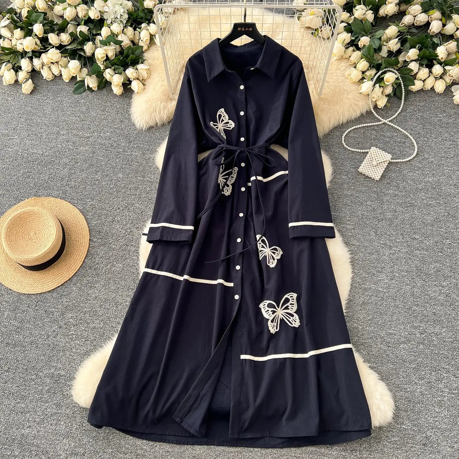 French Women Butterfly Embroidery Elegant Lace-up Shirt Long Dress 2025 Autumn New Retro Long Sleeved Button Holiday Party Dress