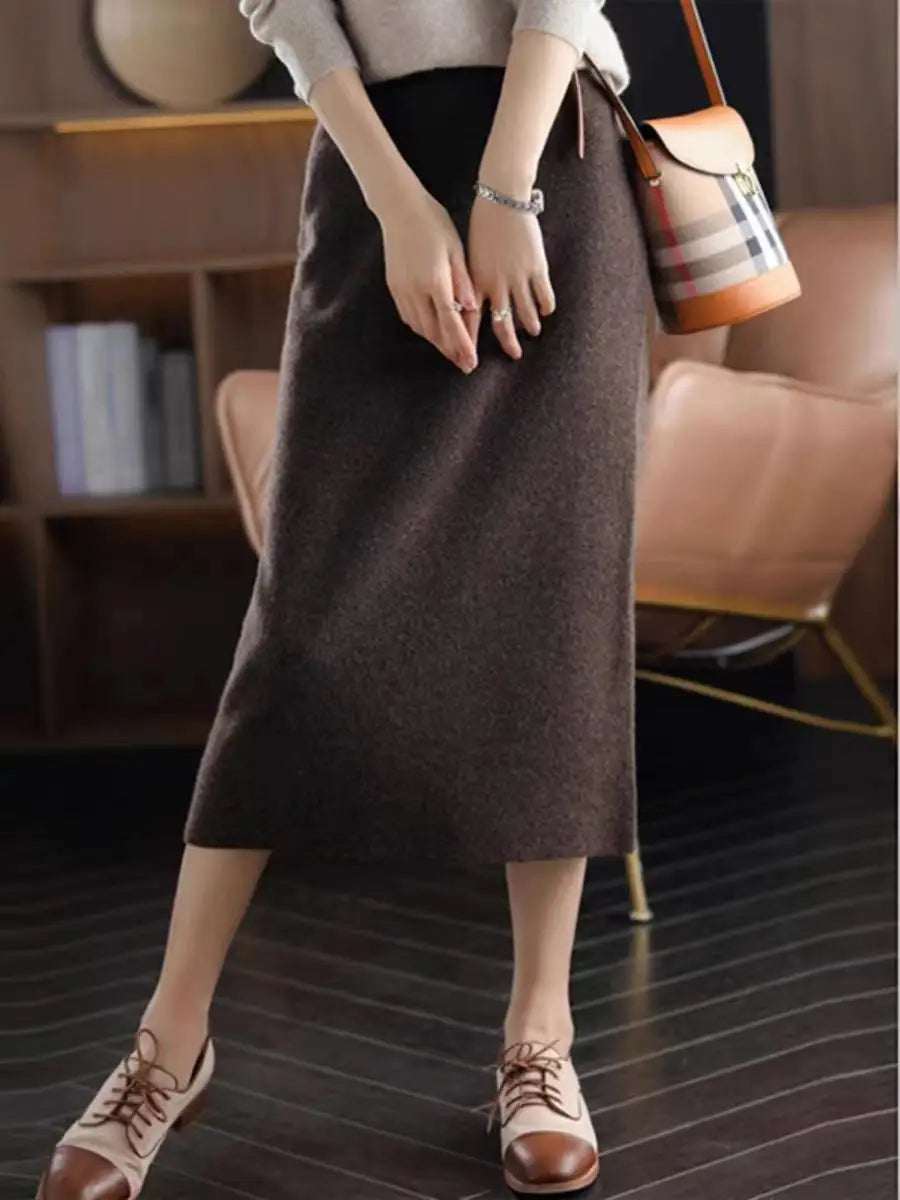 Korean Women Fashion Black Office Lady High Waist Knitted Skirts Autumn Winter New Brown Vacation Long Straight Skirt Simplicity