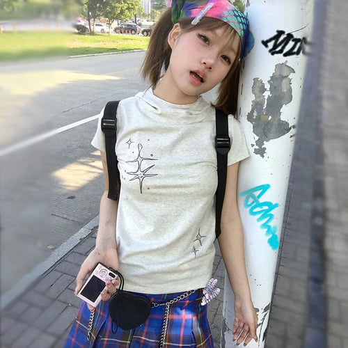 Load image into Gallery viewer, Japanese Y2k Stand Collar T-shirt Trashy 2000s Style Short Sleeve Tee Shirt Vintage Harajuku Streetwear American Retro

