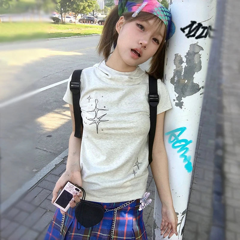 Japanese Y2k Stand Collar T-shirt Trashy 2000s Style Short Sleeve Tee Shirt Vintage Harajuku Streetwear American Retro