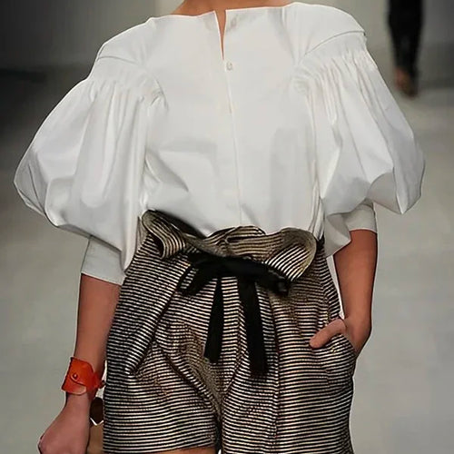 Load image into Gallery viewer, Summer Fashion Black White Puff Sleeves Blouses Shirts 2025 New Sample Daily Womens Elegant Casual Shirts Tops
