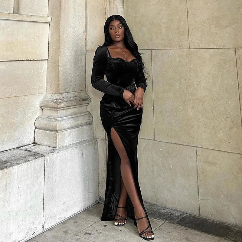 Velvet Long Sleeve Sexy Maxi Dress For Women Autumn Winter New Square Collar Thigh High Split Evening Club Party Dress
