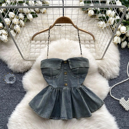 Load image into Gallery viewer, Women Blue Gray Sexy Club Vacation Denim Slim Short Halter Tops Summer Black Backless Ruffle Edge Party Jean Vest Streetwear New
