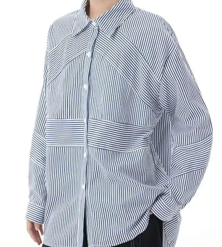 Women Blue Striped Big Size Casual Blouse New Lapel Long Sleeve Loose Fit Shirt Fashion Tide Spring Autumn 2025  1DH2926