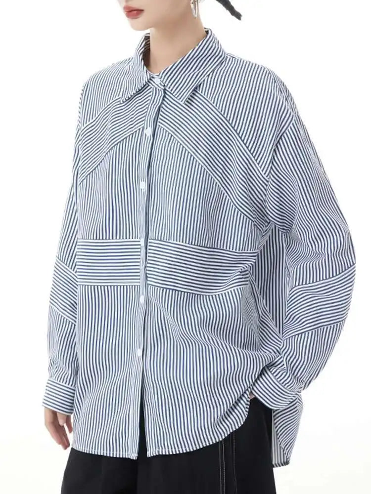Women Blue Striped Big Size Casual Blouse New Lapel Long Sleeve Loose Fit Shirt Fashion Tide Spring Autumn 2025  1DH2926