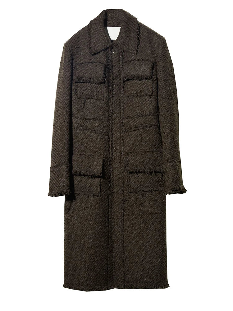 Coffee Pocket Tassels Long Elegant Woolen Coat New Lapel Long Sleeve Women Jacket Fashion Tide Autumn Winter 20251DH7222