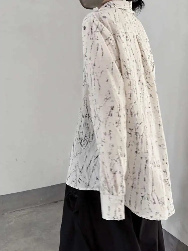 Women Pattern Printed Thin Pleated Big Size Blouse New Lapel Long Sleeve Shirt Fashion Tide Spring Autumn 2025 1DJ0406