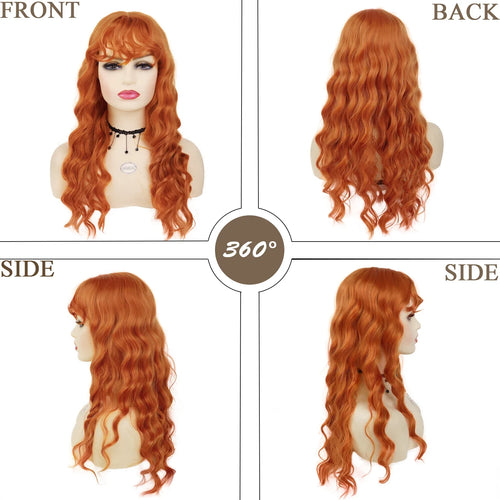 Load image into Gallery viewer, Red Ginger Copper Synthetic Wig for Women Long Curly Wave Wigs with Bangs Cosplay Heat Resistant Hair Halloween Costume Wigs
