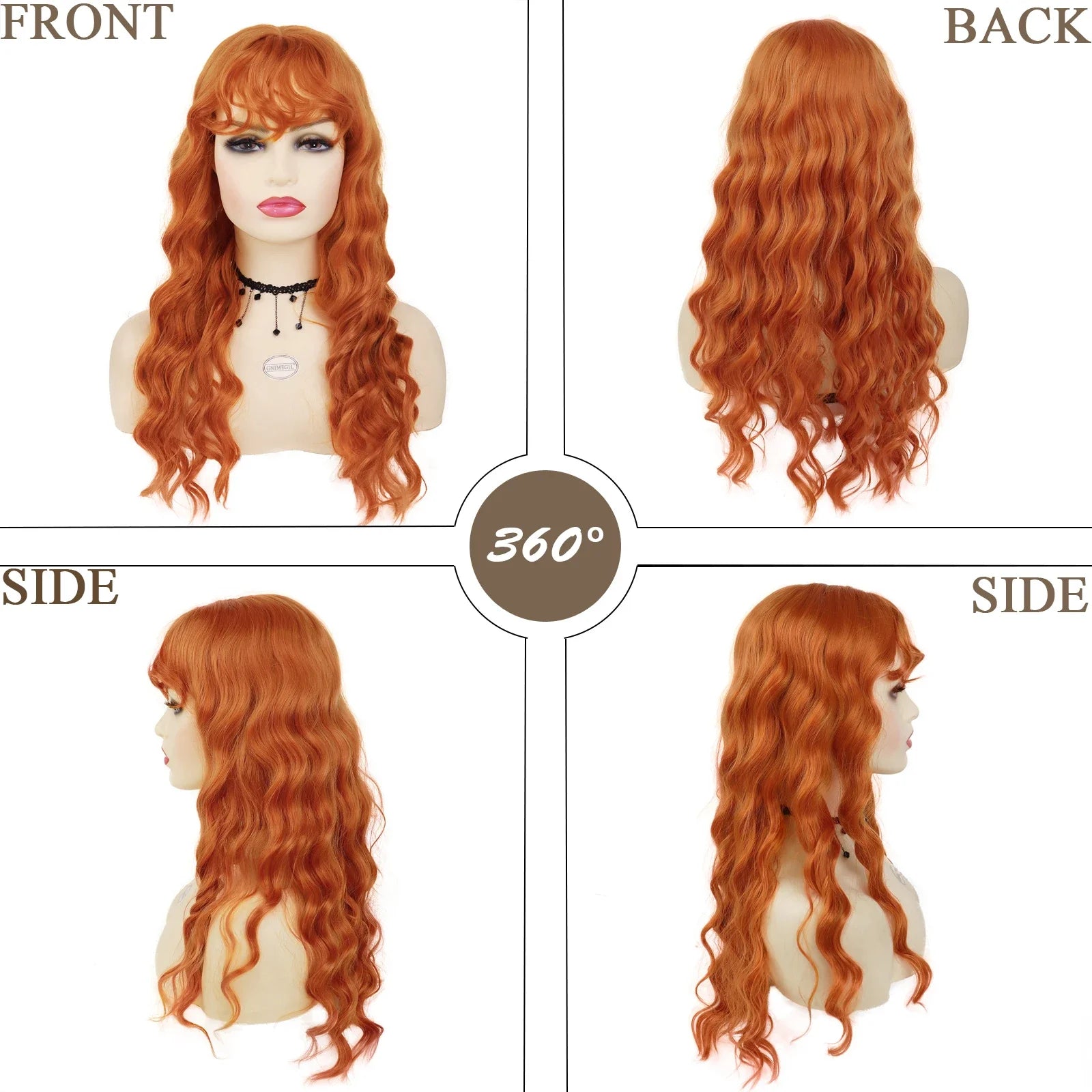 Red Ginger Copper Synthetic Wig for Women Long Curly Wave Wigs with Bangs Cosplay Heat Resistant Hair Halloween Costume Wigs