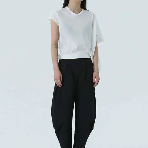 Load image into Gallery viewer, Women White Irregular Denim Big Size Casual T-shirt New Round Neck Short Sleeve Fashion Tide Spring Summer 2025 1DH4945
