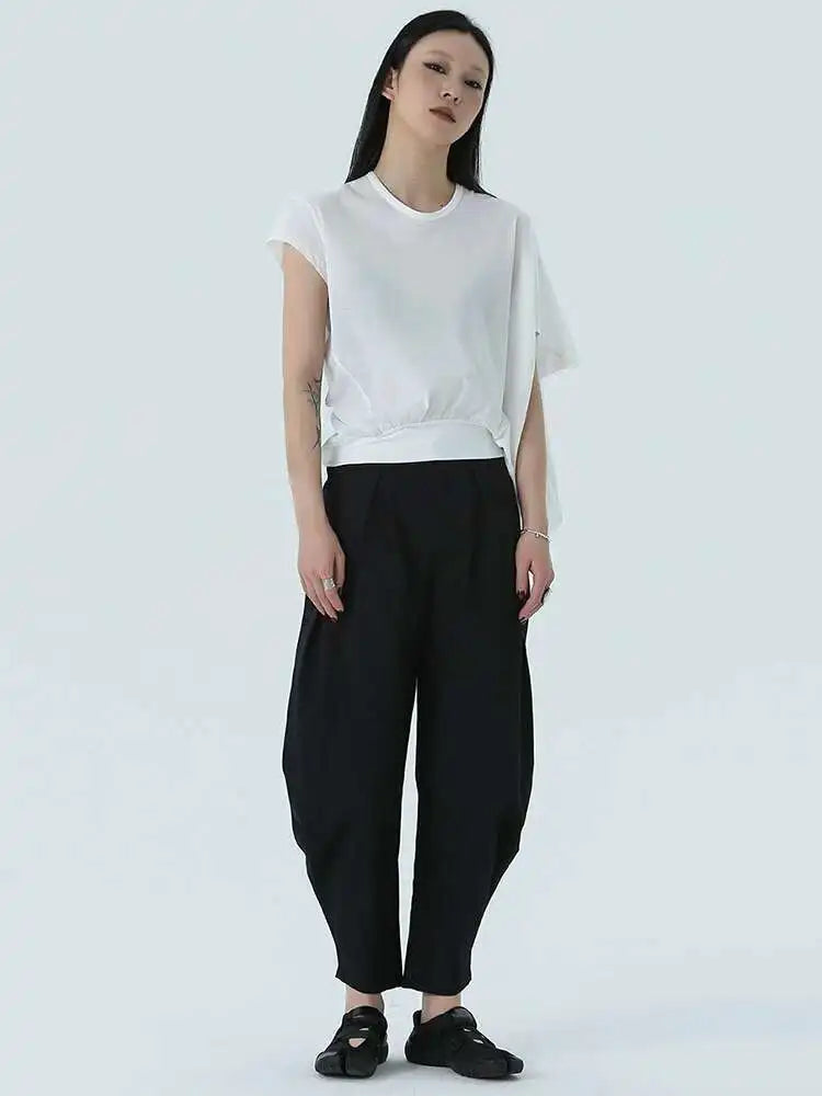 Women White Irregular Denim Big Size Casual T-shirt New Round Neck Short Sleeve Fashion Tide Spring Summer 2025 1DH4945