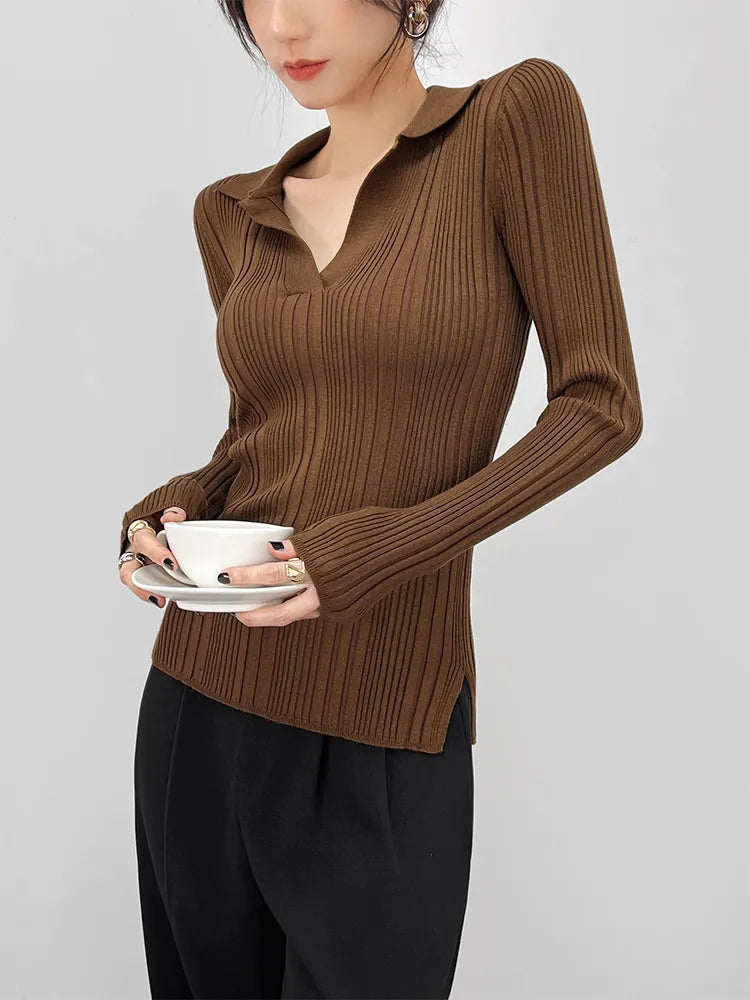 Spring Autumn Lapel Slimming Tops Ladies Sexy V Neck Long Sleeve Soft Bodycon Pullovers C-007